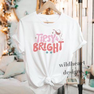 Tipsy & Bright Retro Christmas T-shirt, Unisex Crew Neck Christmas Shirt XS-2X